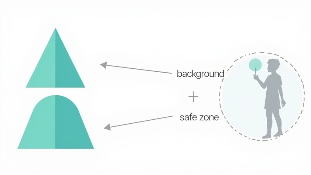 Diagram illustrating app icon design, showing 'background' shapes and a 'safe zone' with a person silhouette.