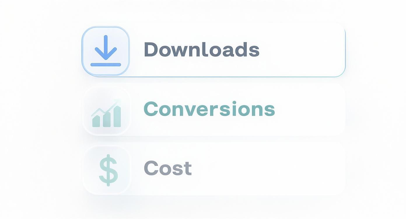 Three app metrics icons showing downloads, conversions chart, and cost tracking features for mobile applications