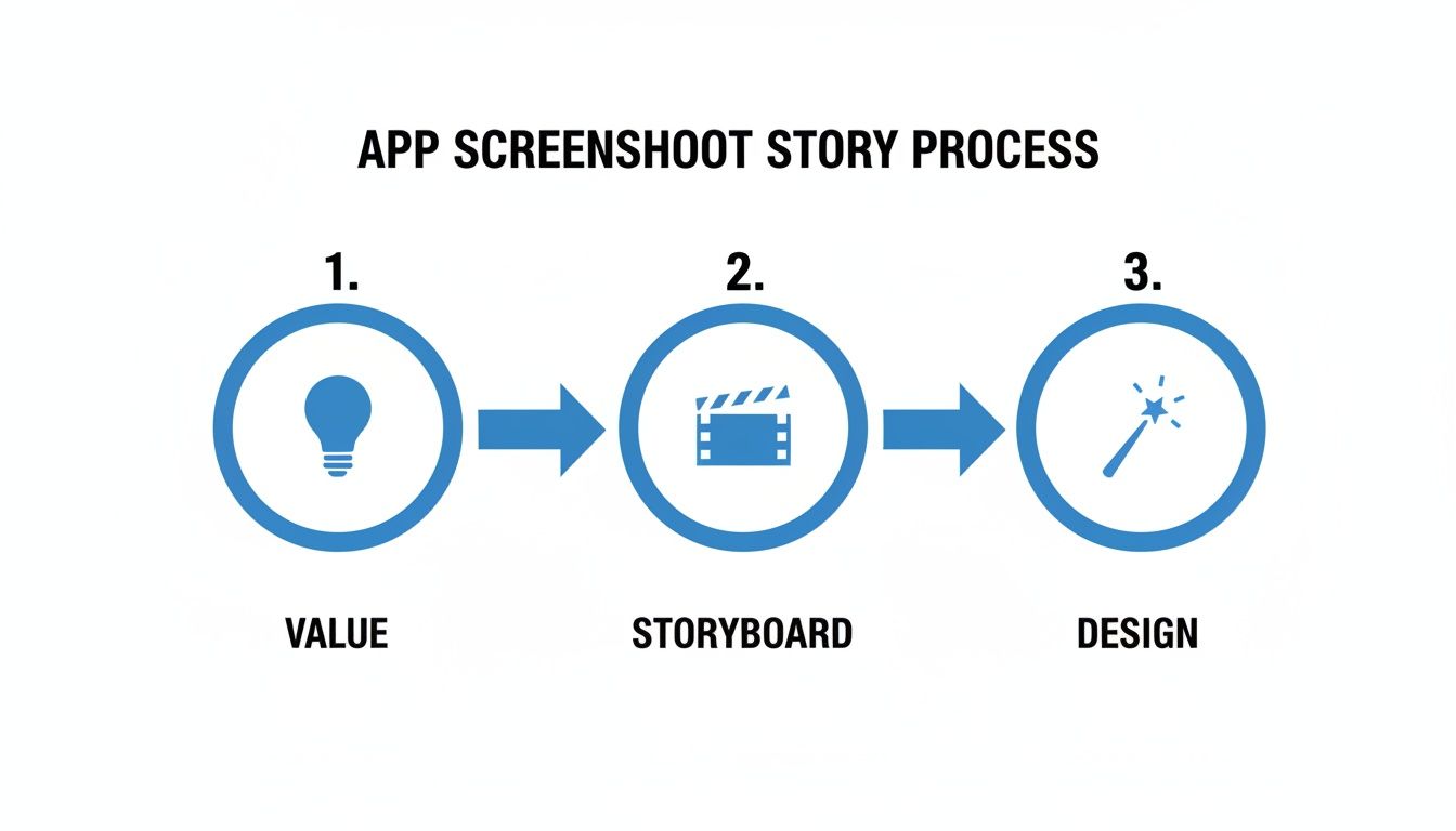 Process diagram for app screenshot story, showing steps: Value, Storyboard, and Design with icons.