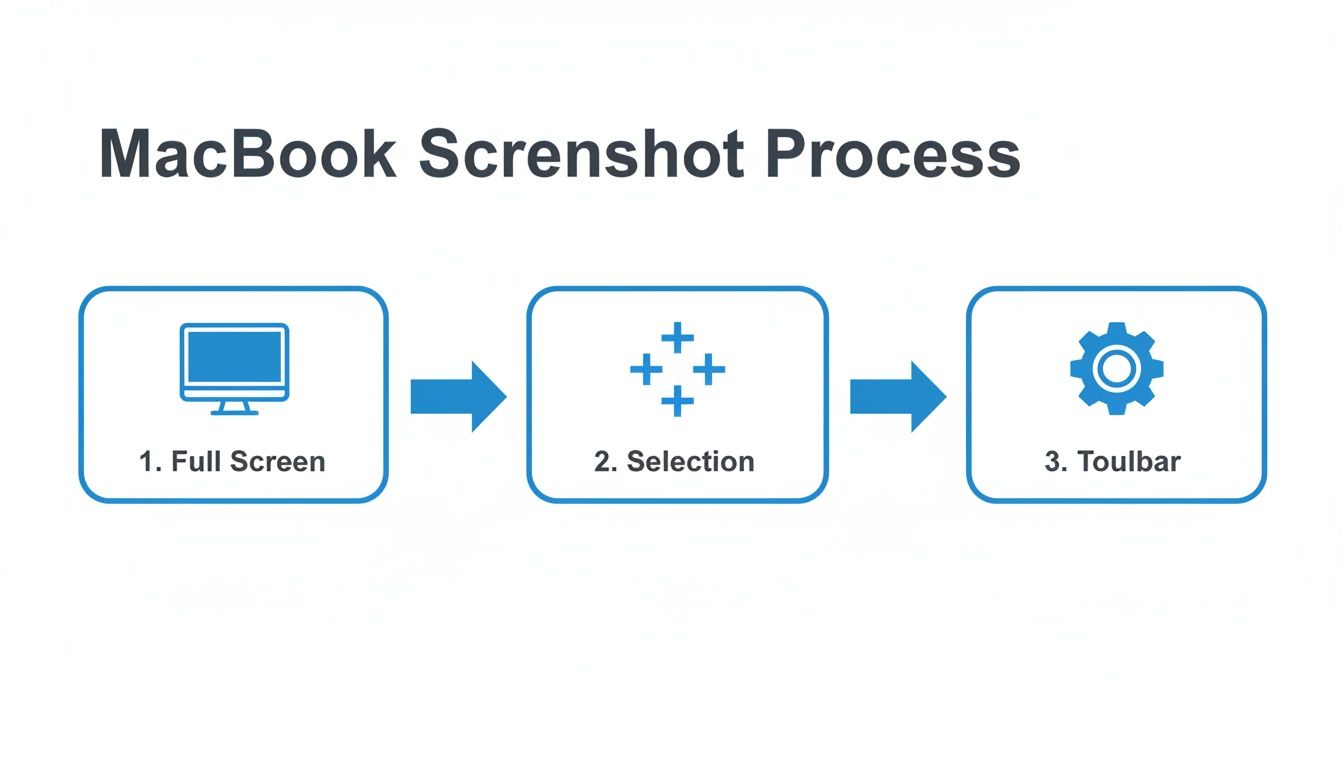Flowchart illustrating the MacBook screenshot process with steps for full screen, selection, and toolbar options.