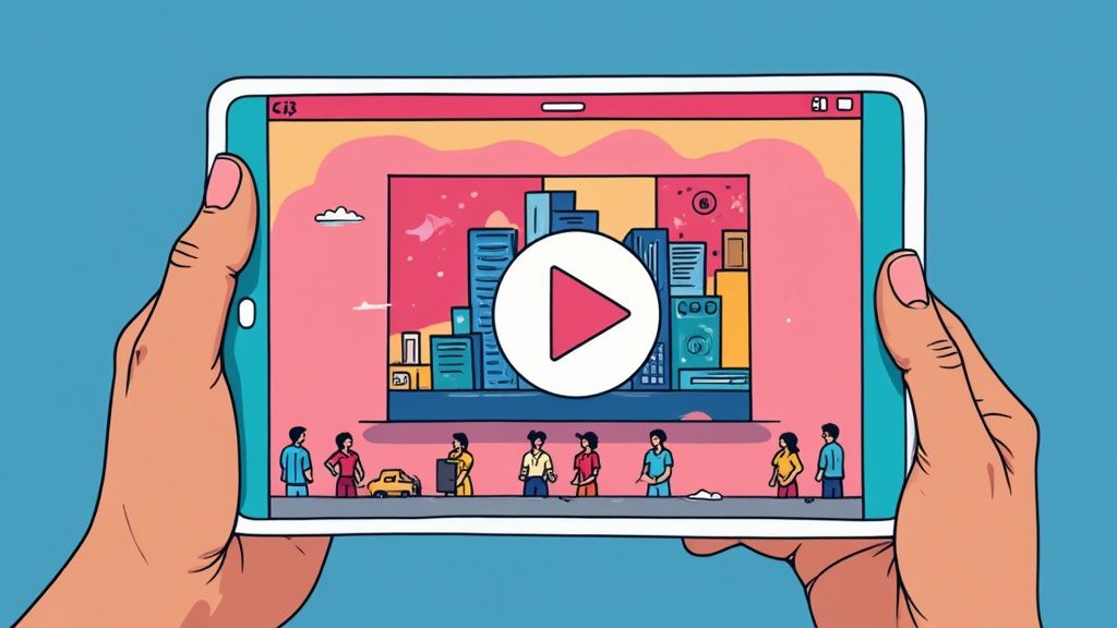 Hands holding a tablet displaying a colorful animated cityscape with people and a large play button.