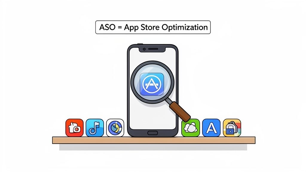 A graphic explaining App Store Optimization (ASO) with a phone, magnifying glass, and various app icons.