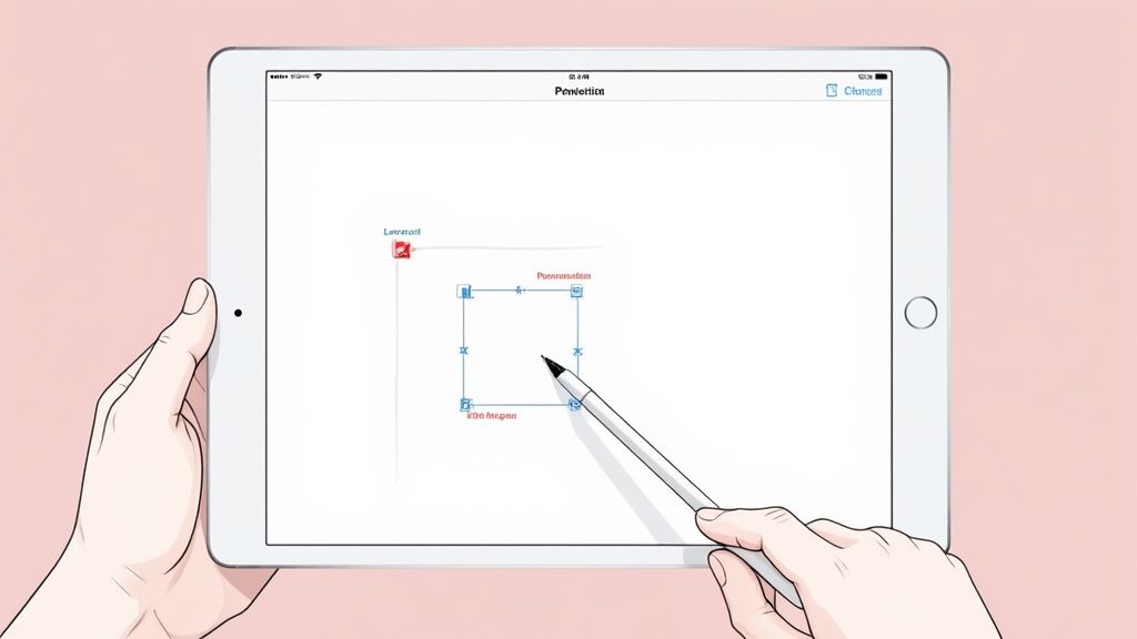 A user editing an iPad screenshot, highlighting text and cropping the image.