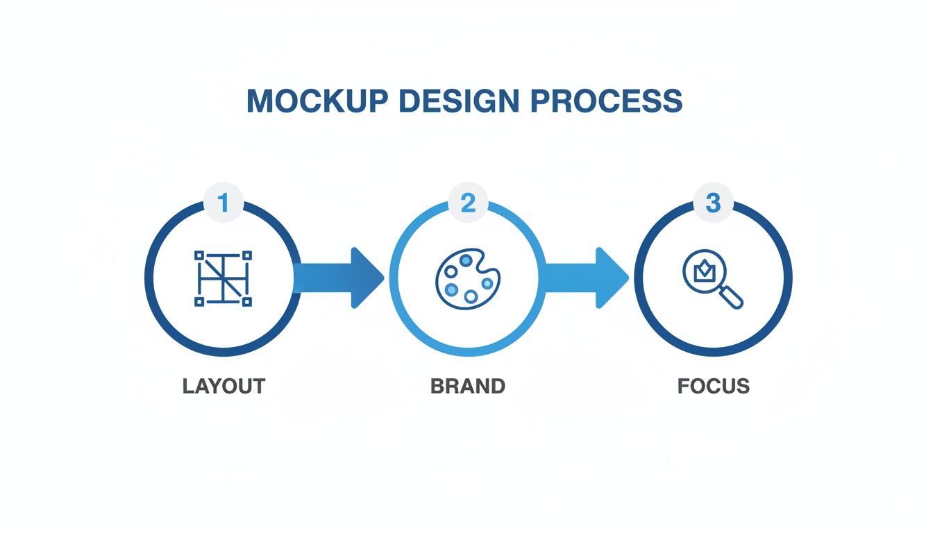 Three-step infographic illustrating the mockup design process: Layout, Brand, and Focus, with respective icons.