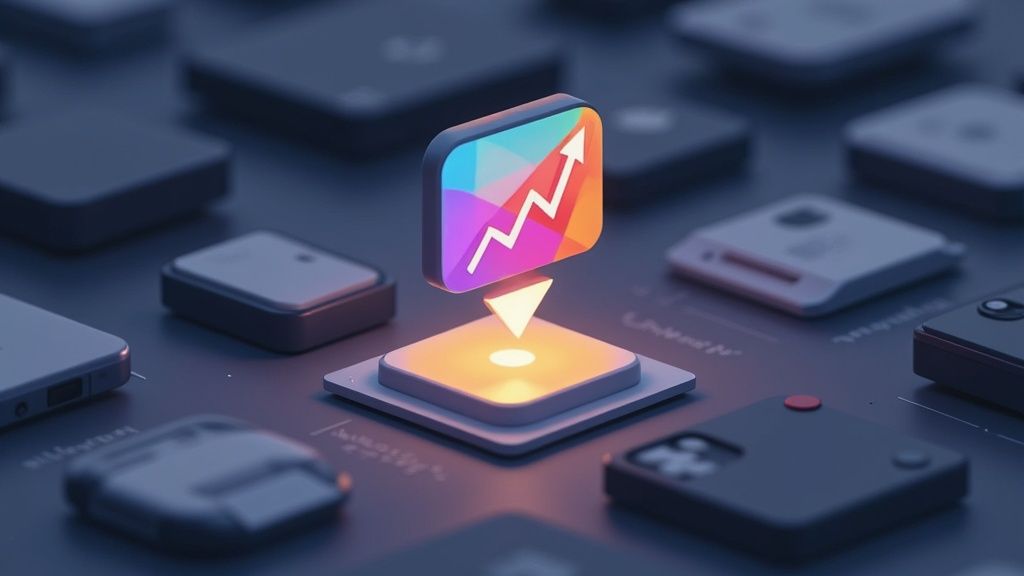 A vibrant 3D app icon with an upward trend arrow glows above a technological base, surrounded by various devices.