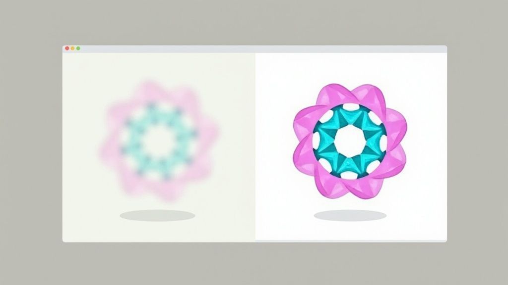 A split-screen image showing a "before" and "after" of an app icon, with the "after" version being more vibrant, simple, and recognizable.