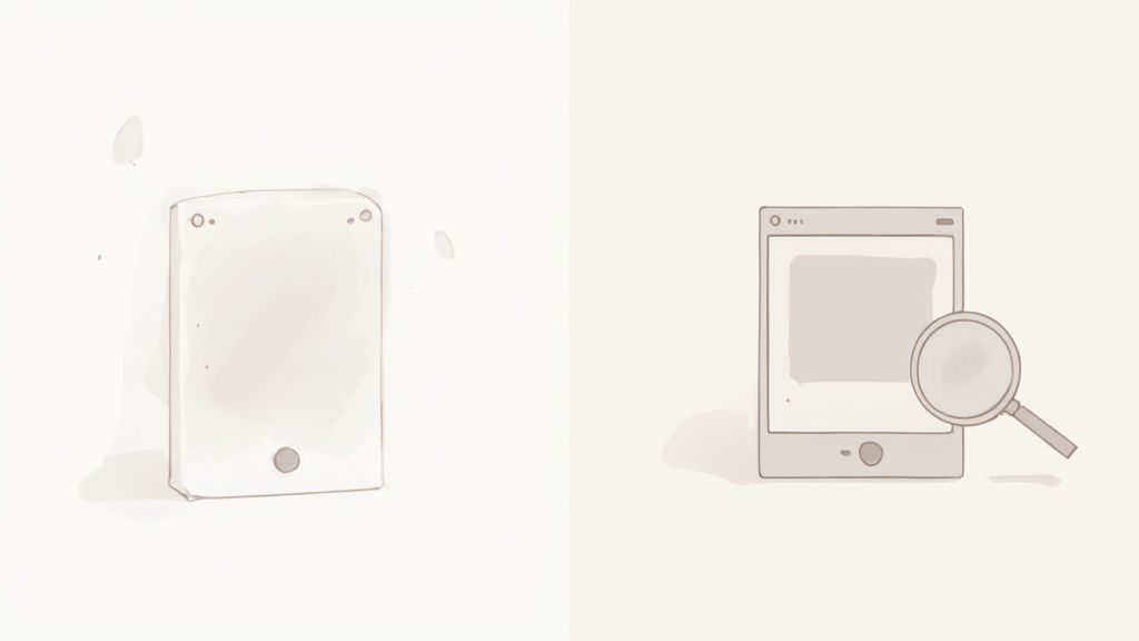 Two hand-drawn tablet illustrations, one blank, and another with a magnifying glass for search.