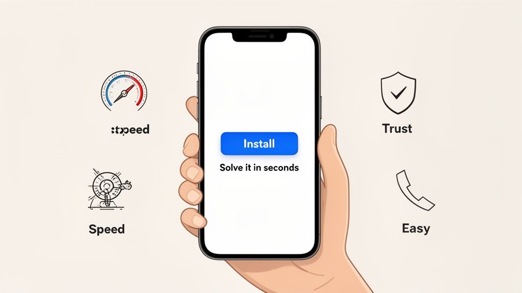 A hand holds a smartphone displaying 'Install' and 'Solve it in seconds,' with surrounding icons for speed, trust, and ease.