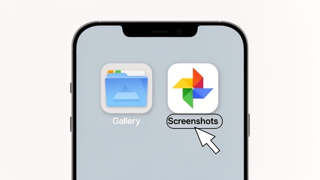 A white cursor points at the 'Screenshots' app icon on a smartphone screen, next to the 'Gallery' app.
