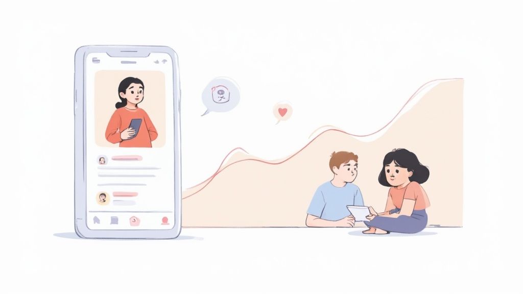 A person interacting with a vibrant and colorful mobile app UI design on their smartphone, illustrating user engagement.