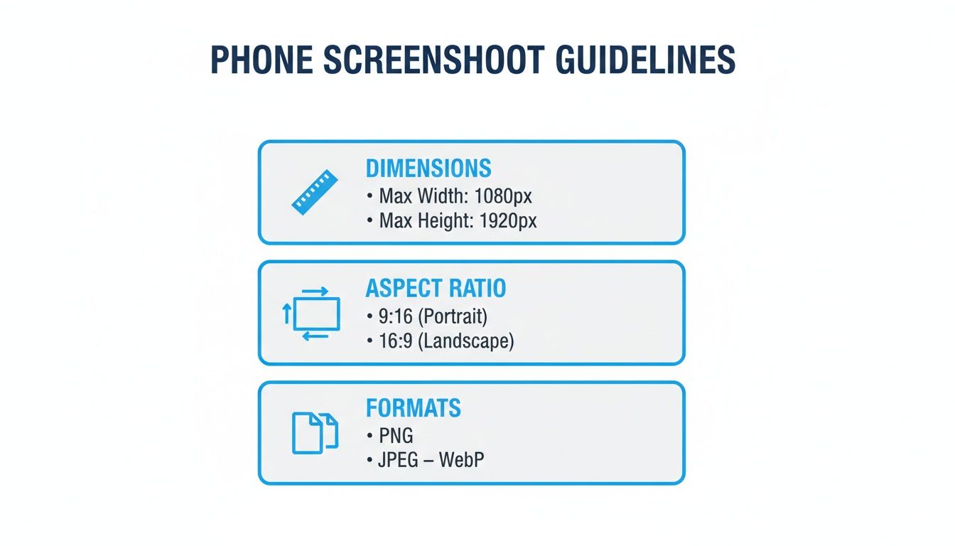 Guidelines for phone screenshots detailing maximum dimensions, aspect ratio, and supported file formats for display.