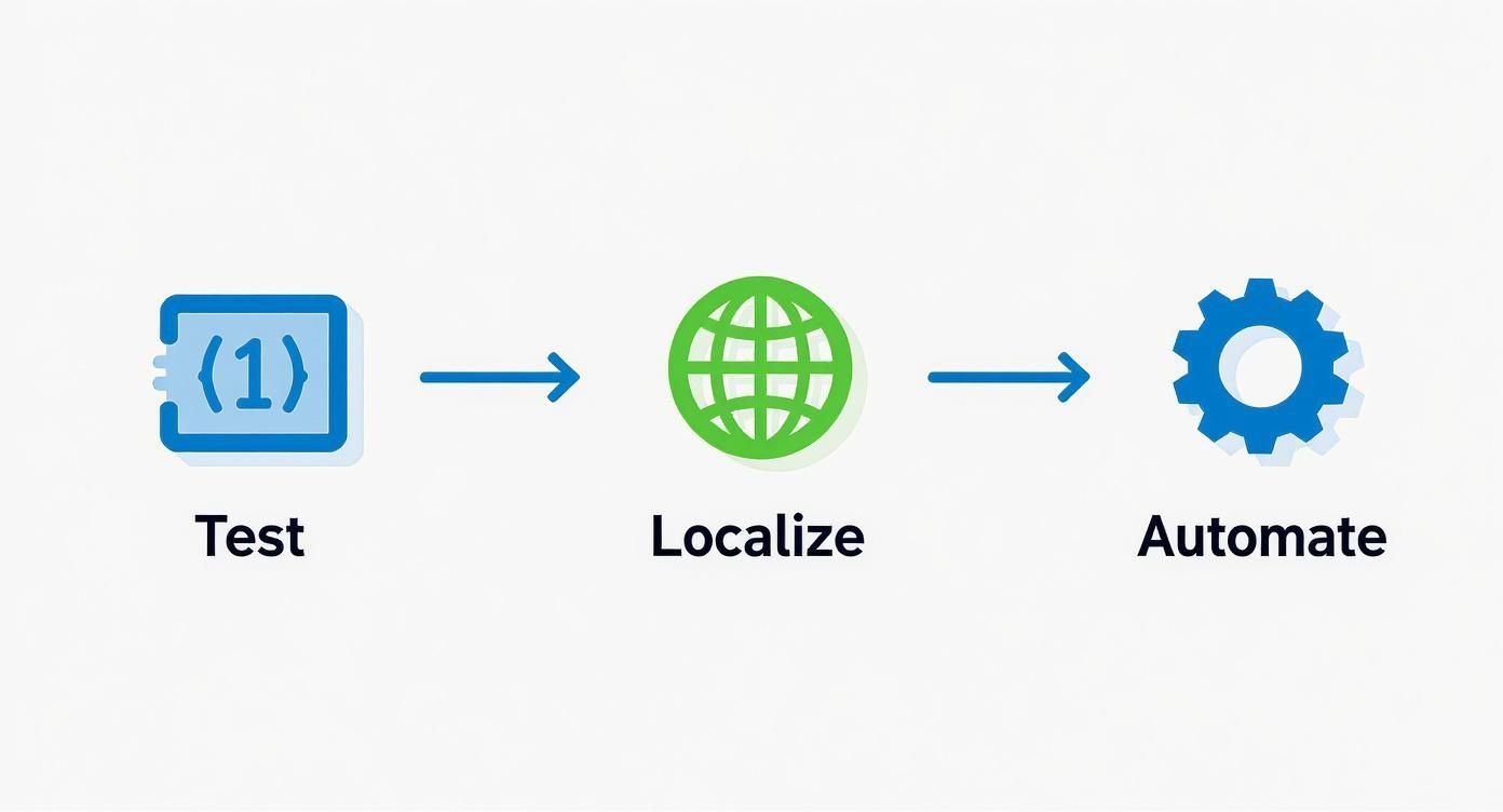 A diagram illustrating a software development workflow with three steps: Test, Localize, and Automate, connected by arrows.