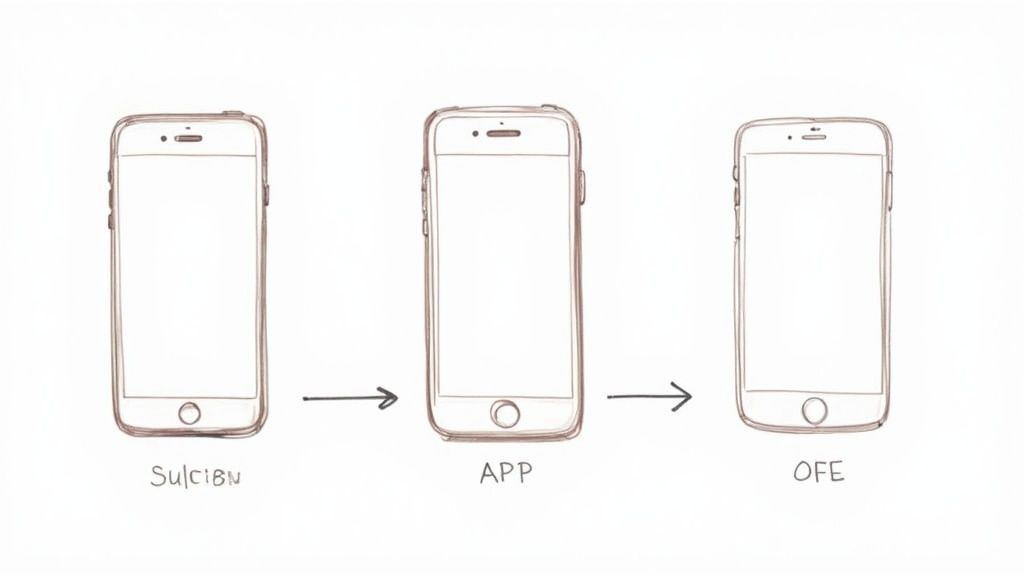 A hand-drawn sketch showing three smartphones labeled 'Su|CI|BN', 'APP', and 'OFE', depicting a process flow.