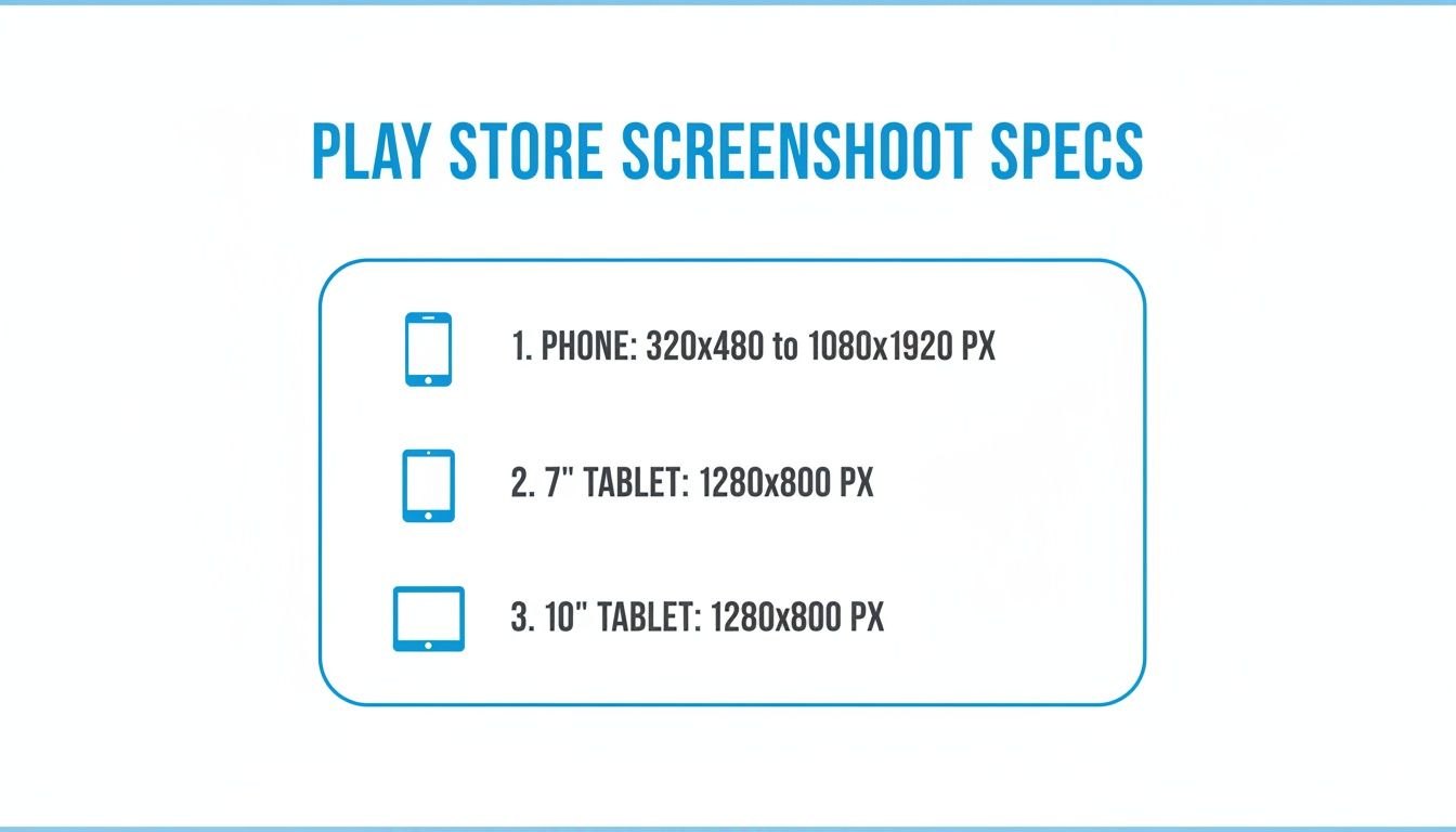 Play Store screenshot specifications for phones, 7-inch, and 10-inch tablets with pixel dimensions.