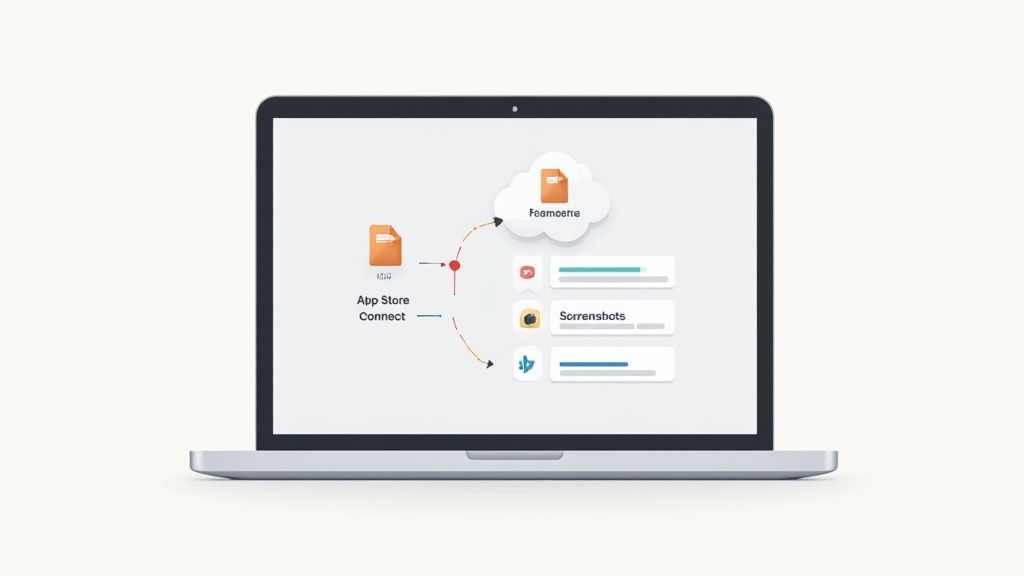 Laptop screen showing app content publishing flow from App Store Connect to cloud and various outputs.