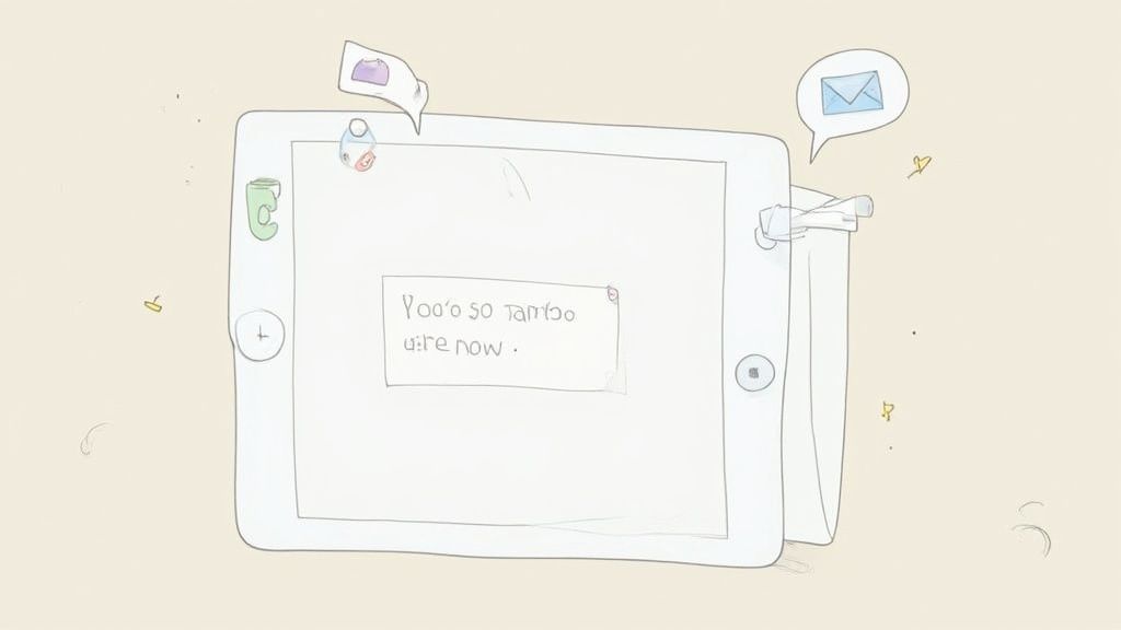 Hand-drawn illustration of a tablet displaying a handwritten note and various doodles.