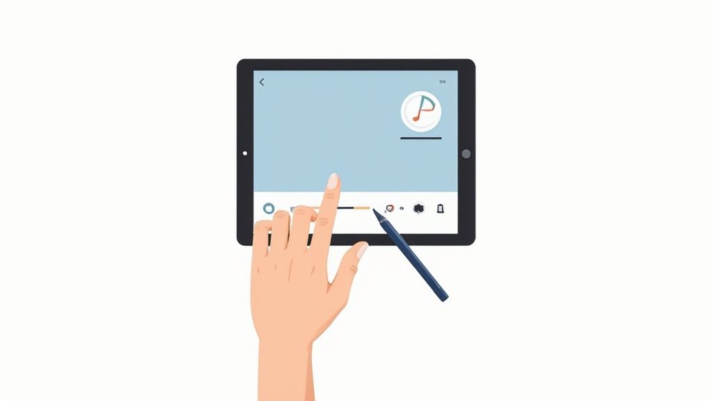 An Android tablet displaying a colorful user interface, with a hand poised to take a screenshot.