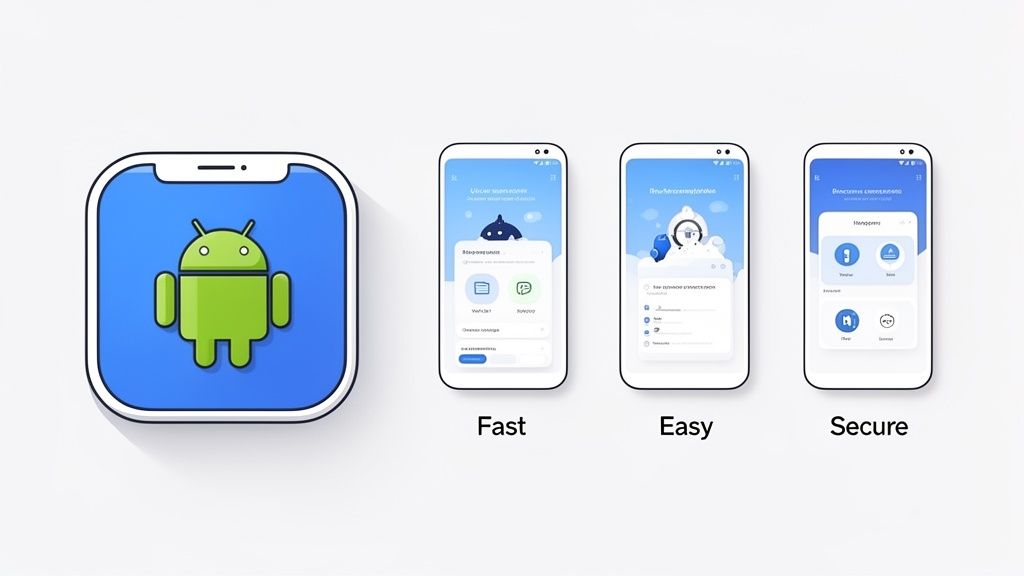 An Android logo and three smartphones showcasing an app's fast, easy, and secure features.