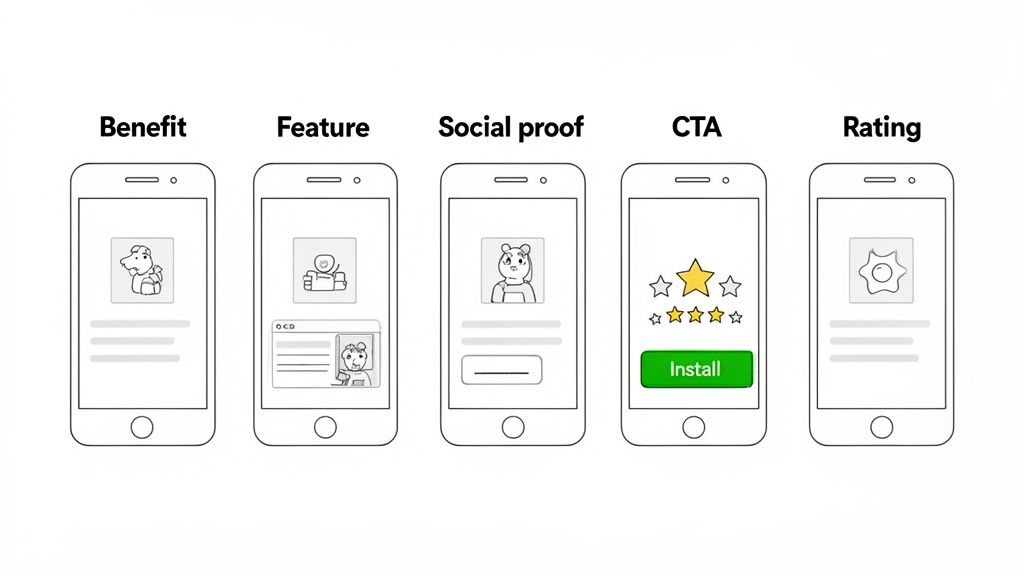 Five mobile phone screens illustrate app store listing elements: benefit, feature, social proof, CTA, and rating.