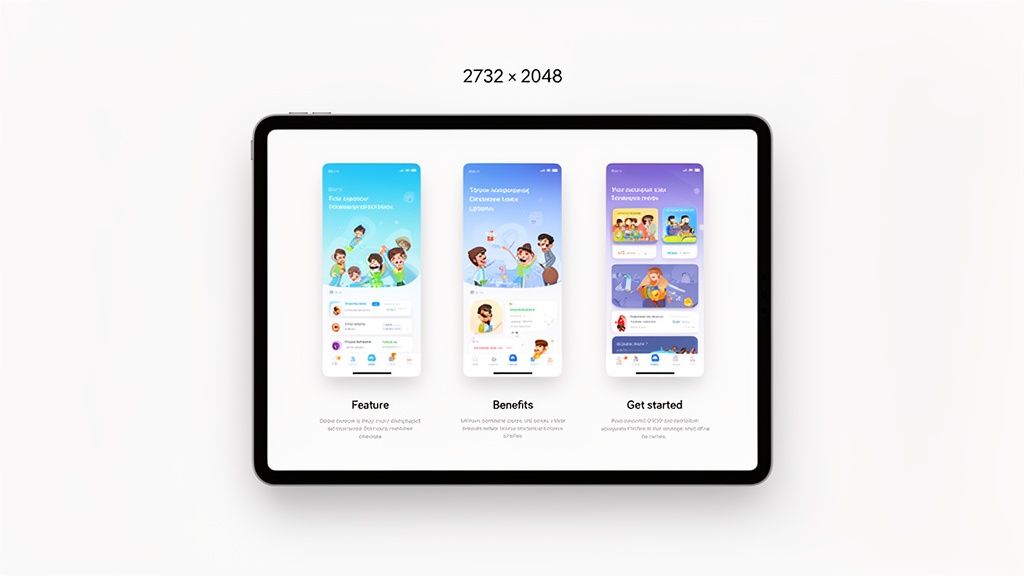 A tablet displays three colorful mobile app screens with illustrations and text, showing features, benefits, and how to get started.
