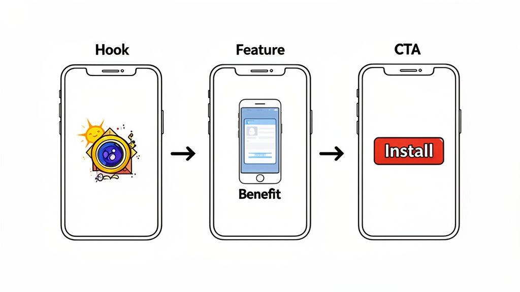 A diagram showing a mobile app store preview flow: Hook, Feature with Benefit, and Call to Action (Install).