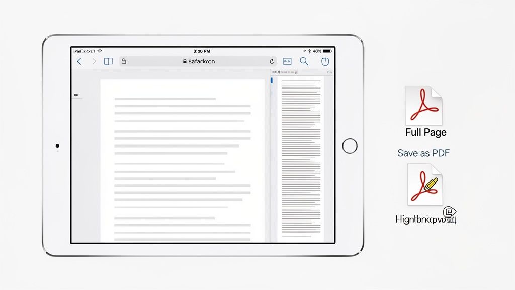 An iPad displaying a web page in Safari, showing options to save as a full-page PDF or highlight it.