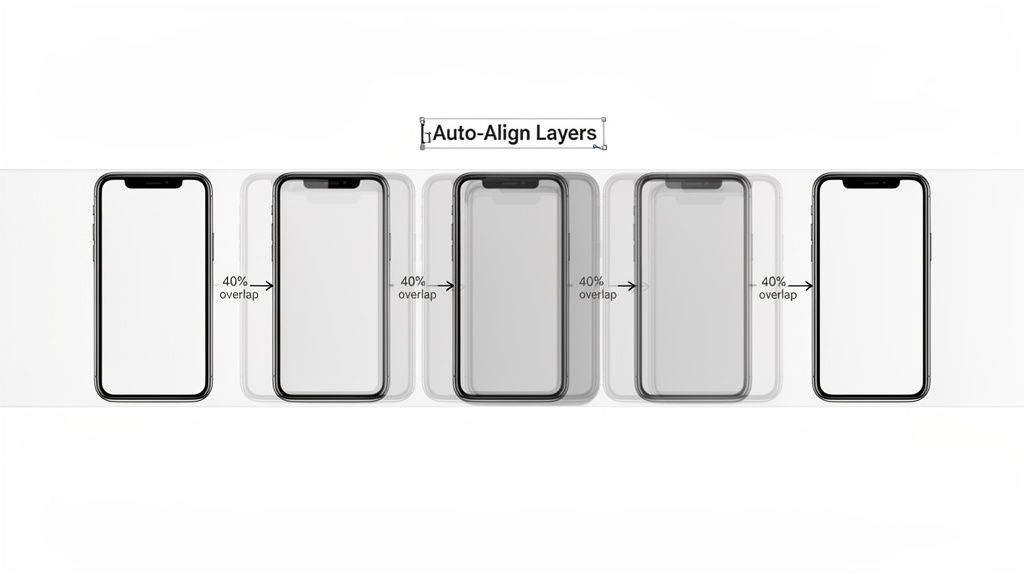 A graphic illustrating the 'Auto-Align Layers' feature with five smartphones showing 40% overlap.