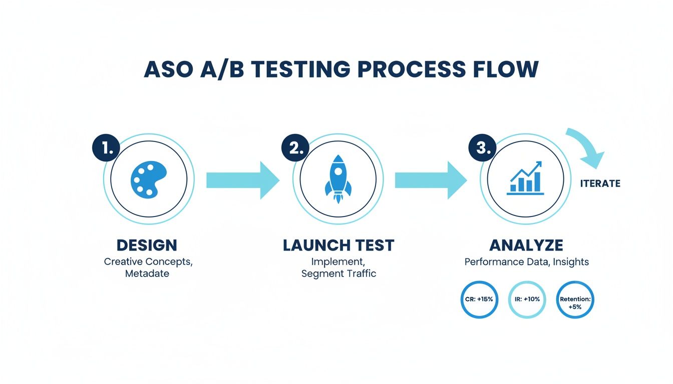 ASO A/B testing process flow: Design, Launch Test, Analyze, and Iterate.