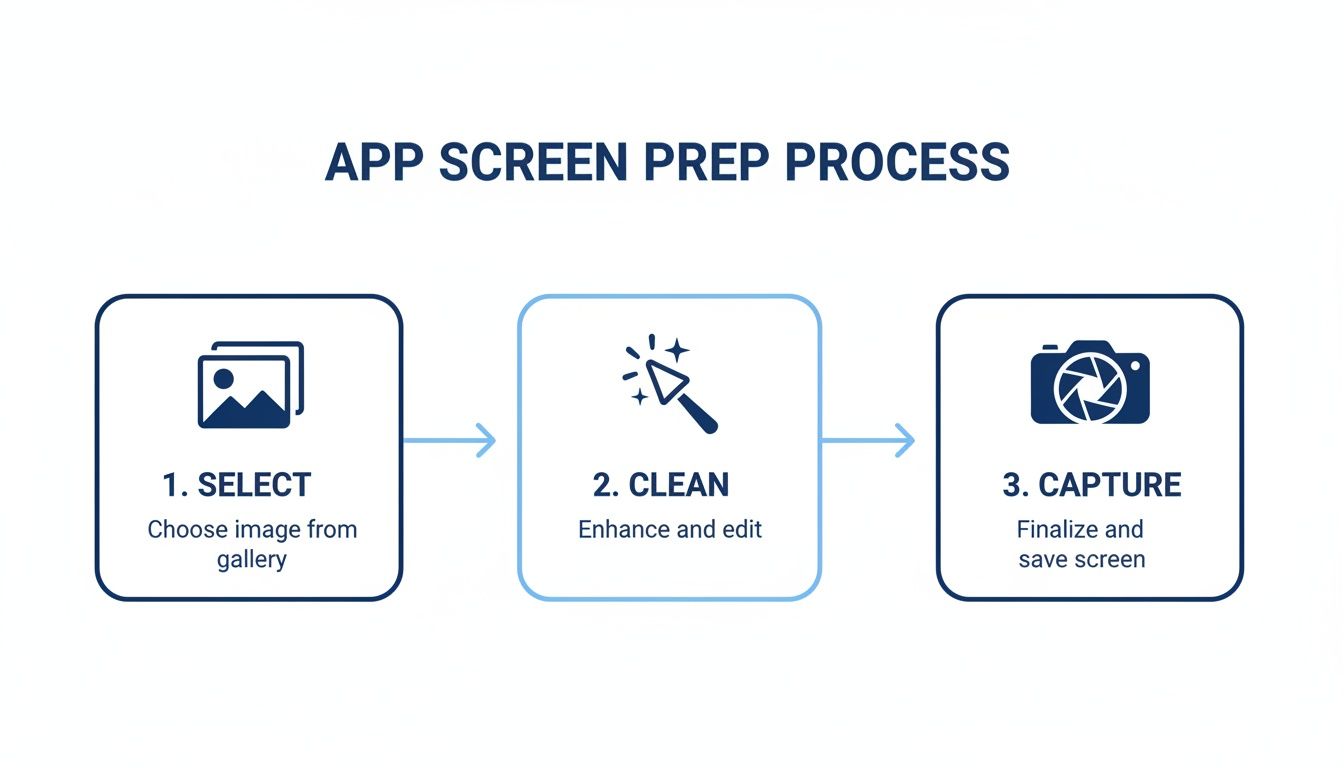 A three-step app screen preparation process diagram showing select, clean, and capture stages.