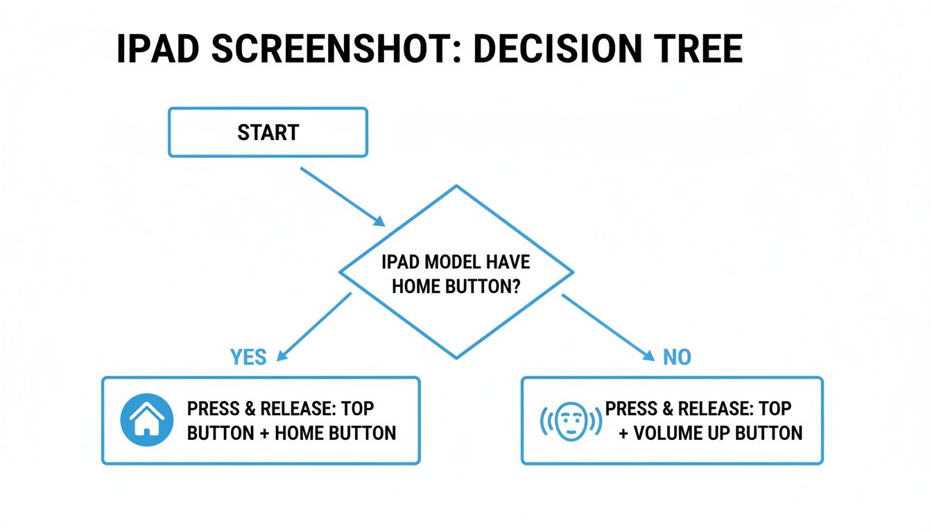 Decision tree flowchart showing how to take a screenshot on an iPad based on the presence of a home button.