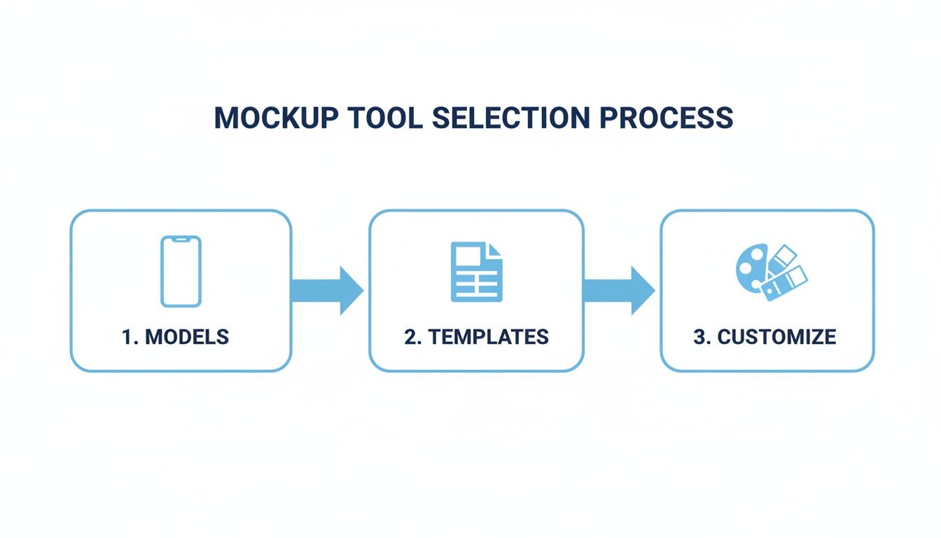 A process flow diagram showing steps for mockup tool selection: models, templates, and customization.