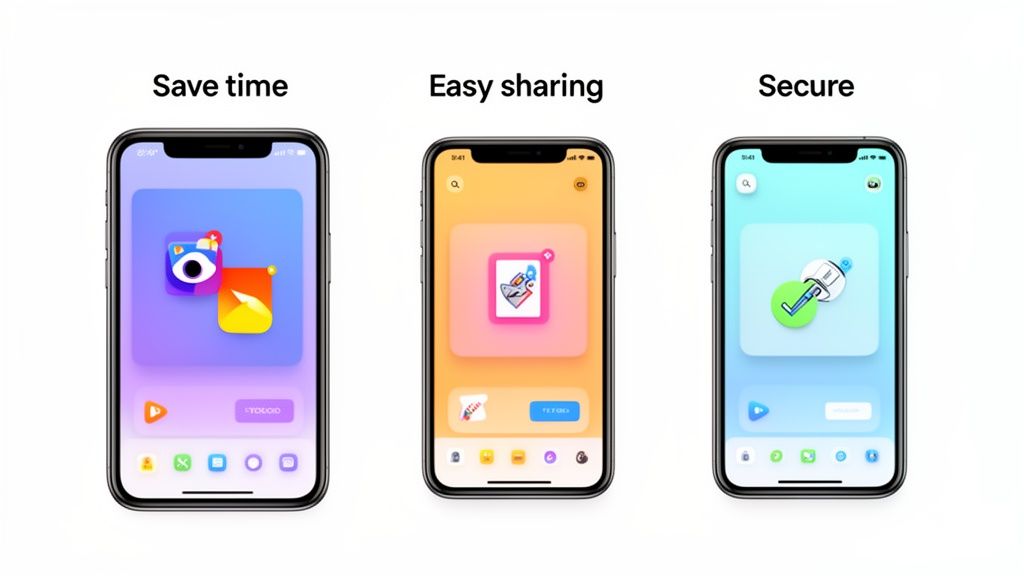 Three smartphones illustrating app features: saving time with photos, easy sharing, and secure access.