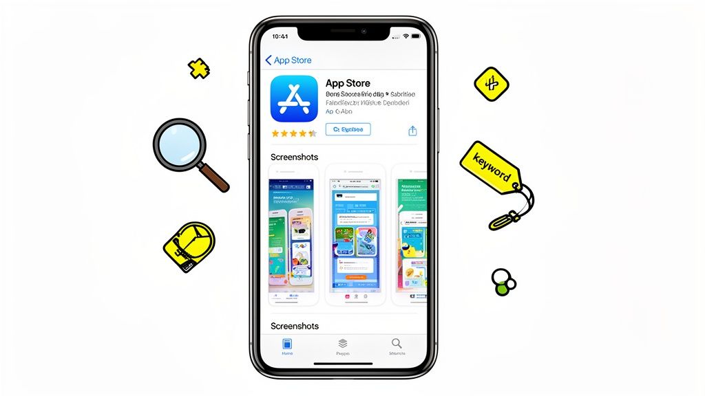 iPhone displaying App Store page with app optimization icons: magnifying glass, clock, and keyword tag.