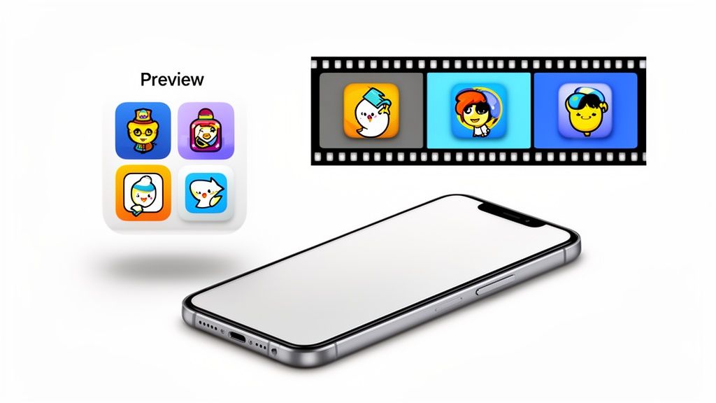 A silver smartphone lies next to app icons in a preview grid and a filmstrip.