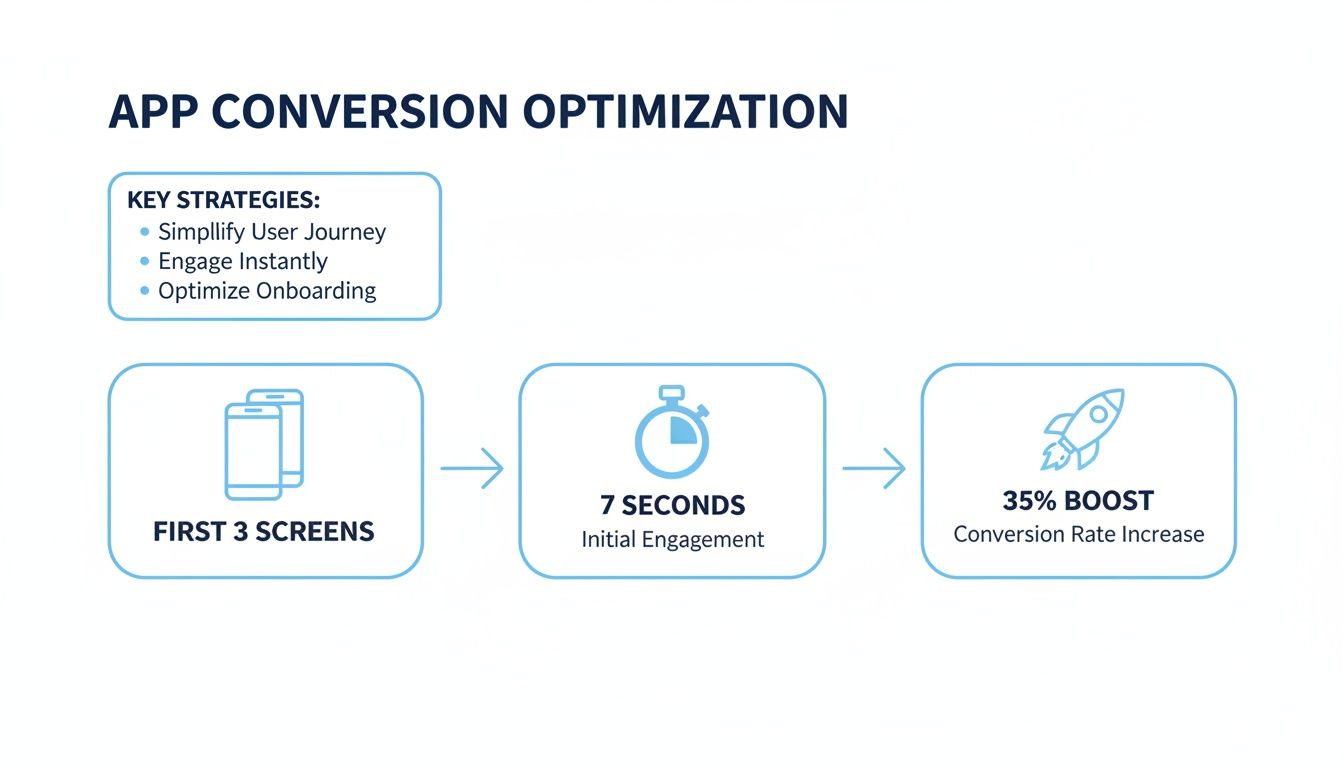 A diagram outlining app conversion optimization strategies, showing 'First 3 Screens' leading to '7 Seconds Initial Engagement' and a '35% Boost' in conversion rate.