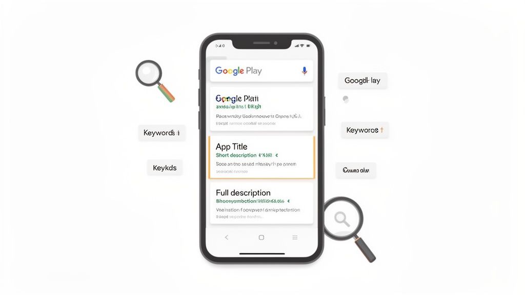 A smartphone displaying Google Play Store app listing details, surrounded by ASO keywords and magnifying glasses.