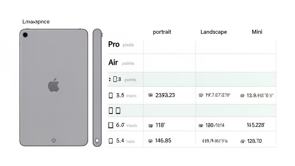 A gray iPad device shown from the back and side, next to a table of screen dimensions for Pro, Air, and Mini models.