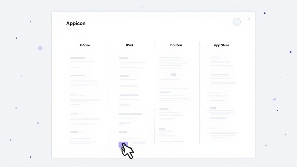 Appicon interface showing iPhone, iPad, Incaiton, and App Store icon dimension tabs with cursor pointer