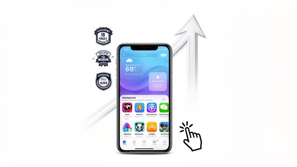 A smartphone displaying an app store interface with various app icons, a weather widget, and an upward trend arrow, suggesting growth.