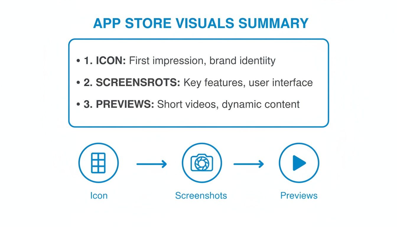 A summary outlining app store visuals: icon, screenshots, and video previews for effective app marketing.