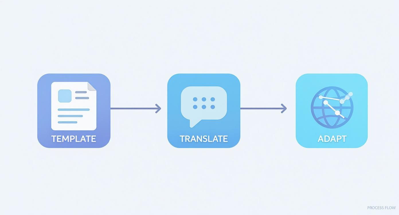 A process flow diagram with three icons and labels: Template (document), Translate (speech bubble), and Adapt (globe).