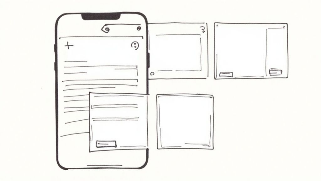 A vibrant, abstract image showing a user interface being designed, with elements like app icons, screenshots, and text fields floating around a central phone mockup, representing the creation of a compelling product page.