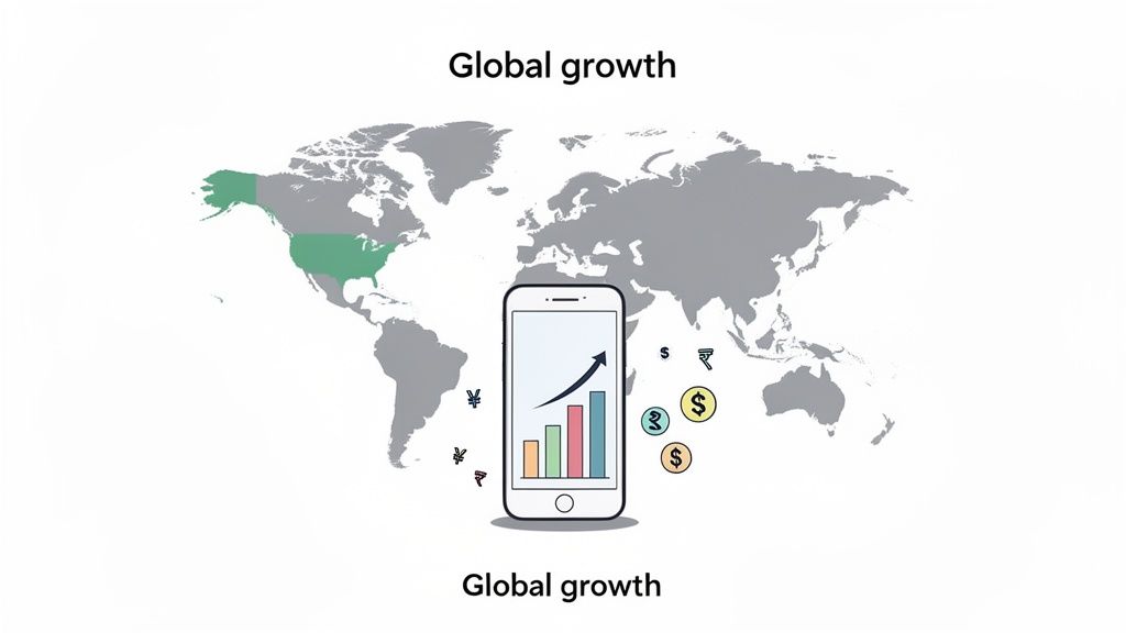 World map highlighting North America, a smartphone displaying a growth chart, and global currency symbols.
