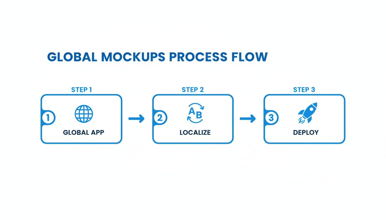 Process flow diagram outlining three steps: Global App, Localize, and Deploy for global mockups.