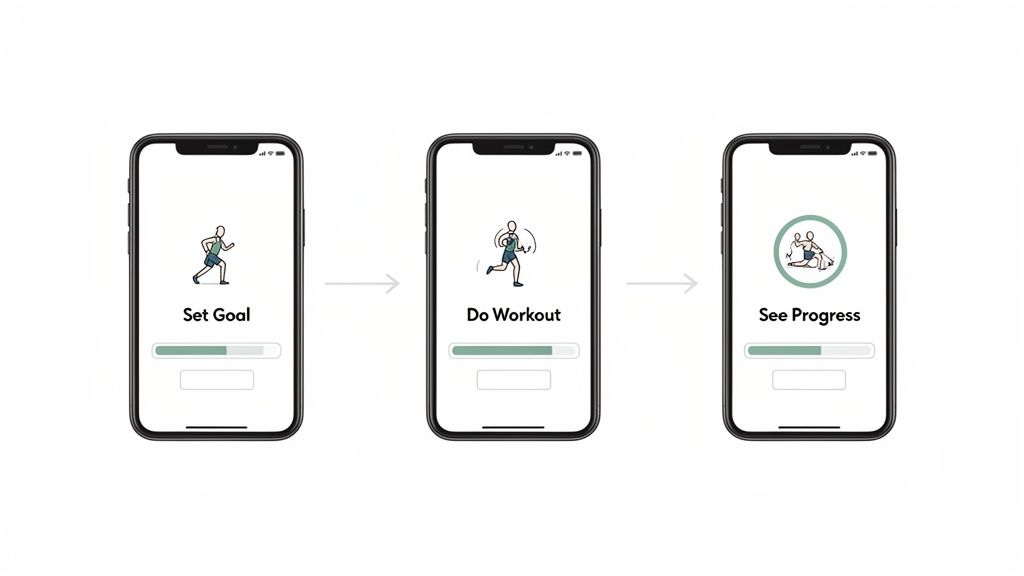 Three smartphone mockups showcasing a fitness app's user journey: set goal, do workout, see progress.