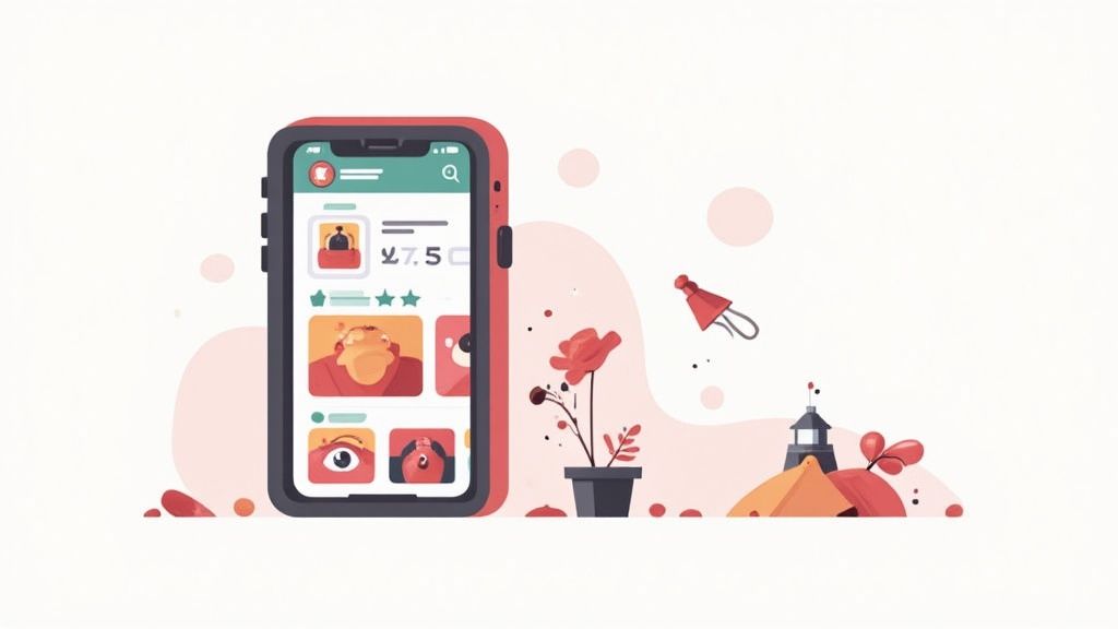 A red smartphone displays an app store interface with apps and ratings, surrounded by a flower and lighthouse.