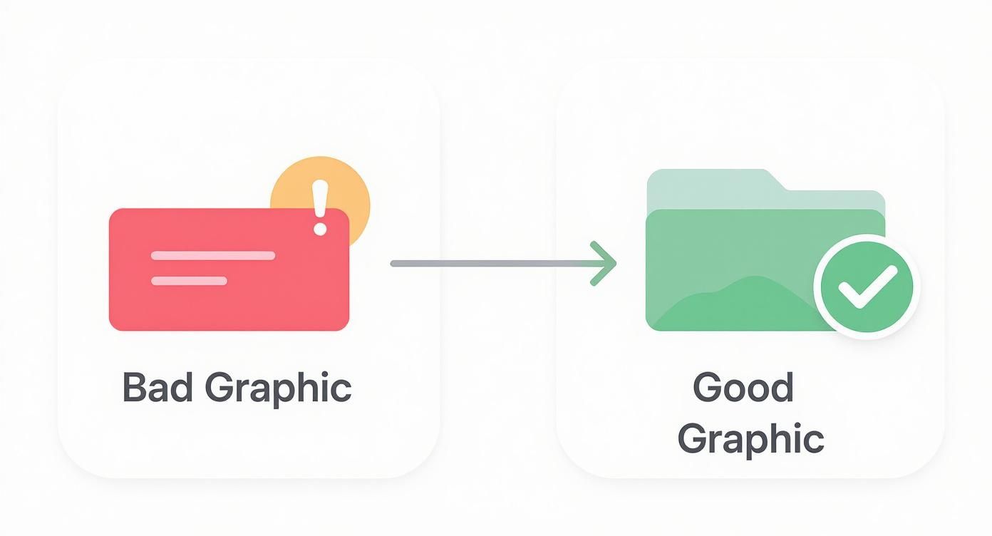 Comparison showing bad graphic with error notification versus good graphic with approved folder and checkmark