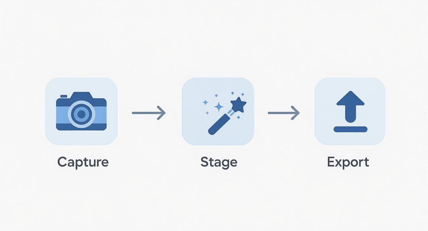 A three-step workflow diagram showing Capture, Stage, and Export process with respective icons.