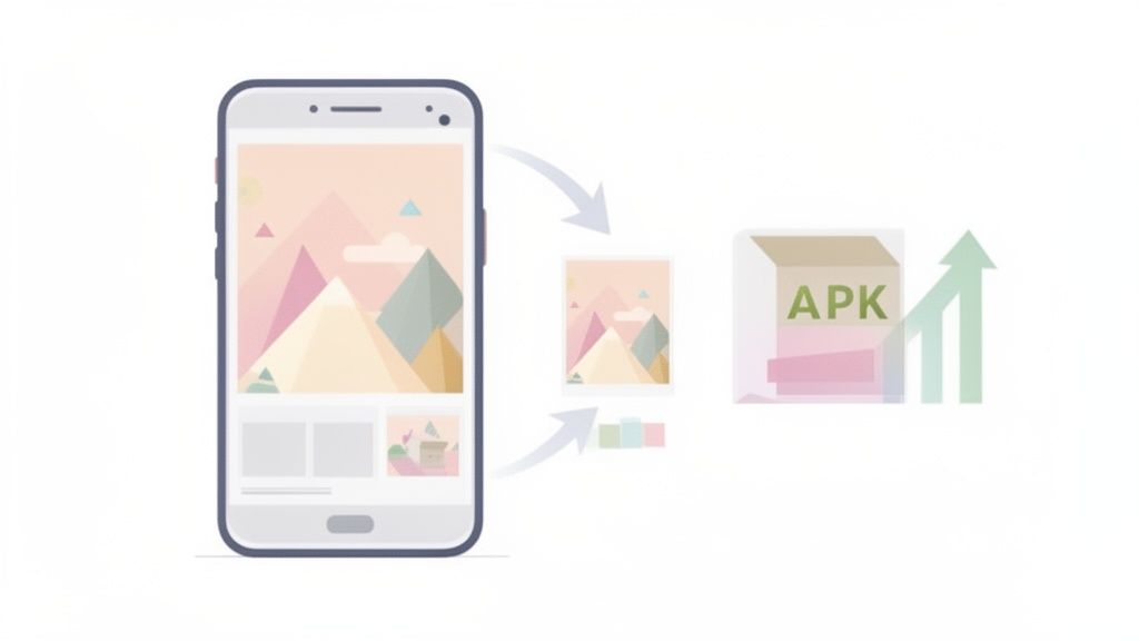 An Android phone displays an image, which is then optimized into an APK file for improved app performance.