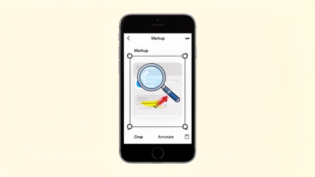 An iPhone displaying a Markup screen, showing an image editor with a magnifying glass, yellow highlight, and red arrow.
